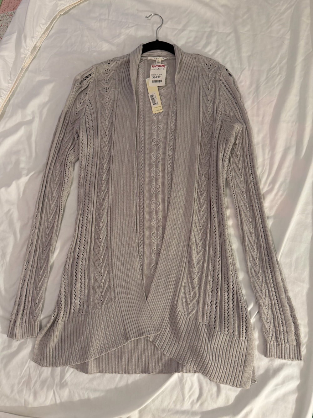 Cyrus NWT Women's Medium Light Gray Open-Front Cable Knit Cardigan